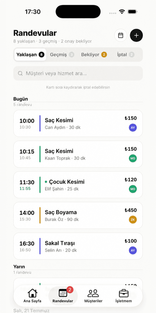 Planimore mobil uygulaması — Randevular